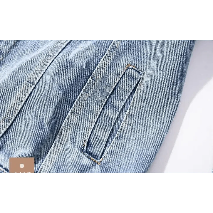 Women's Ripped Denim Trucker Jacket with Patchwork Letter Print