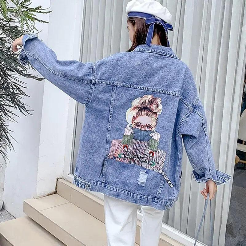Women's Ripped Denim Trucker Jacket with Patchwork Letter Print