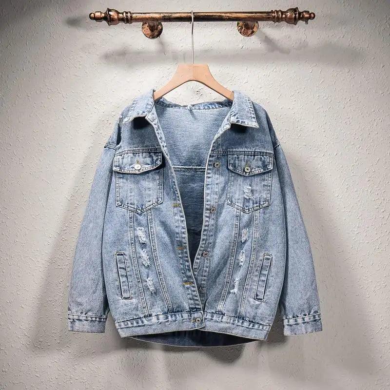 Women's Ripped Denim Trucker Jacket with Patchwork Letter Print