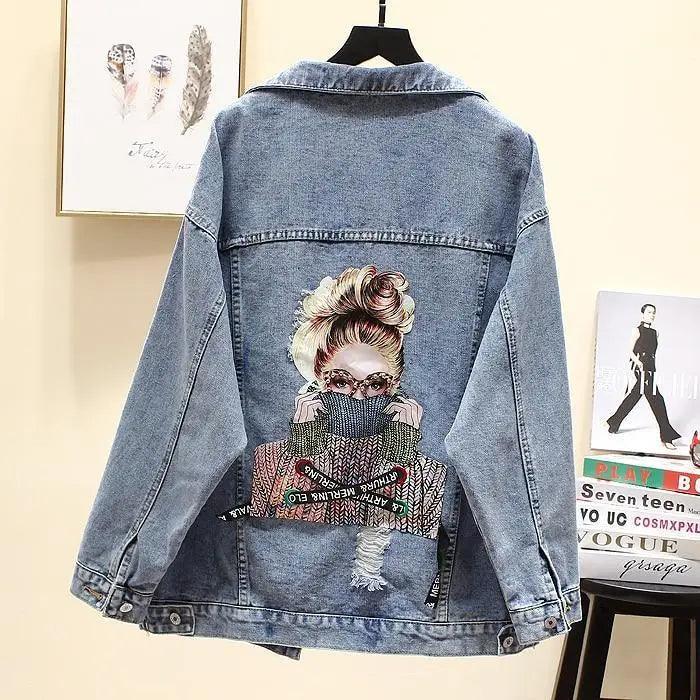 Women's Ripped Denim Trucker Jacket with Patchwork Letter Print