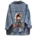 Women's Ripped Denim Trucker Jacket with Patchwork Letter Print