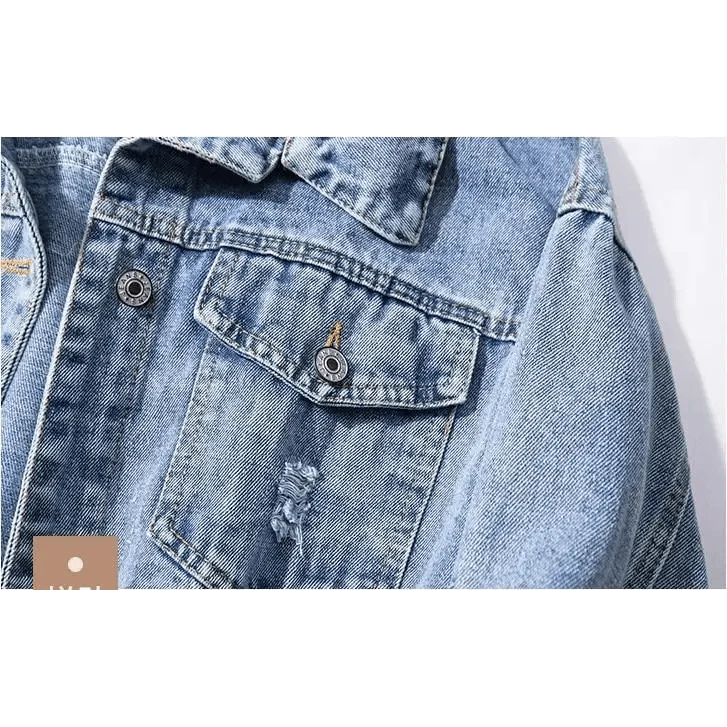 Women's Ripped Denim Trucker Jacket with Patchwork Letter Print