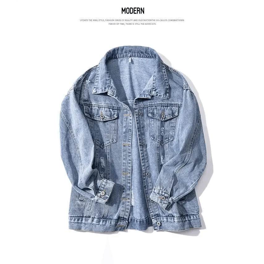 Women's Ripped Denim Trucker Jacket with Patchwork Letter Print