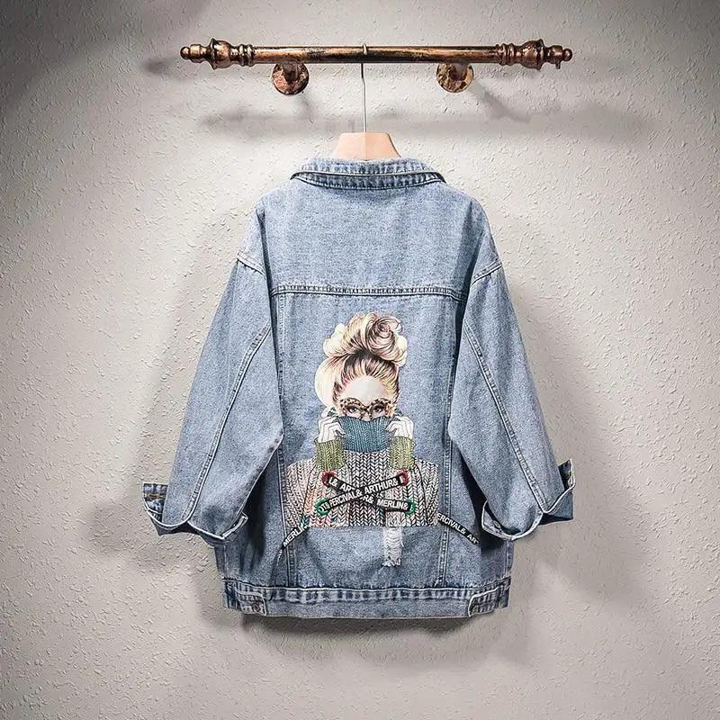 Women's Ripped Denim Trucker Jacket with Patchwork Letter Print