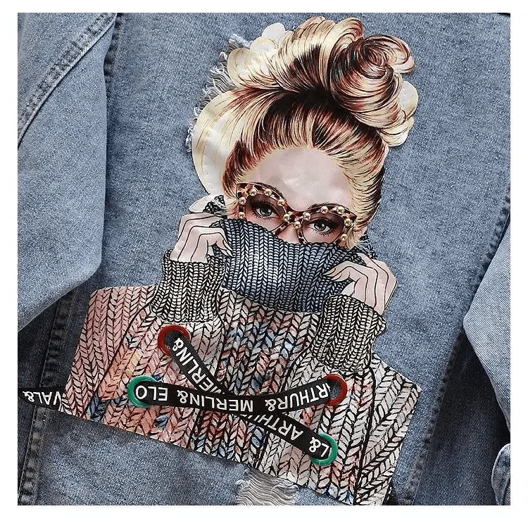 Women's Ripped Denim Trucker Jacket with Patchwork Letter Print