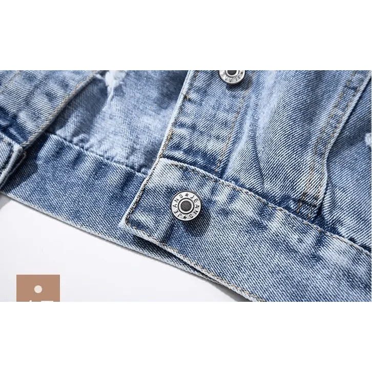 Women's Ripped Denim Trucker Jacket with Patchwork Letter Print
