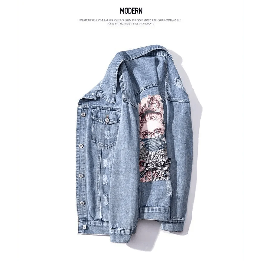 Women's Ripped Denim Trucker Jacket with Patchwork Letter Print