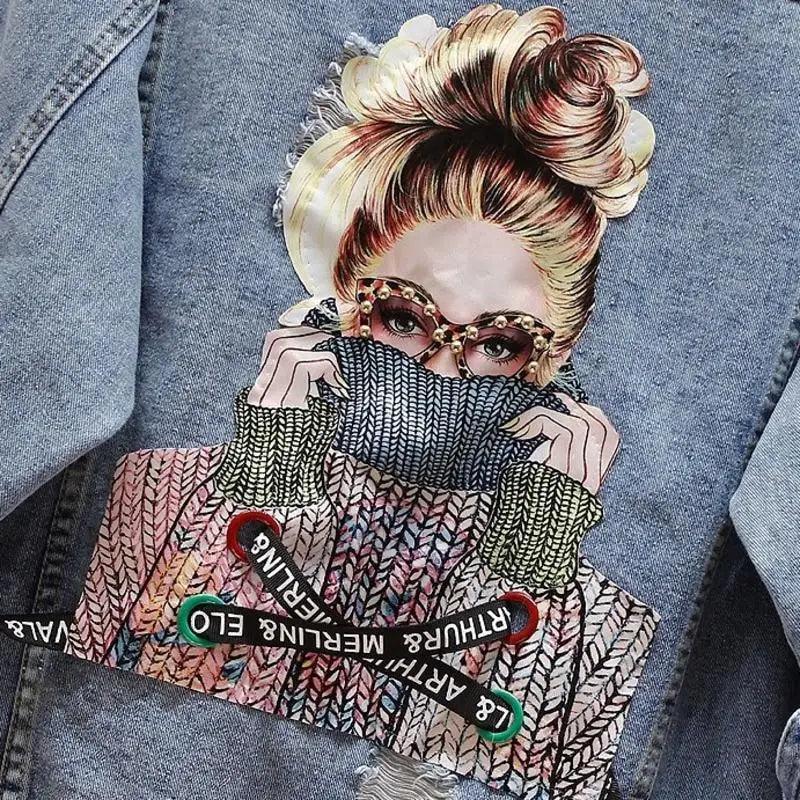 Women's Ripped Denim Trucker Jacket with Patchwork Letter Print