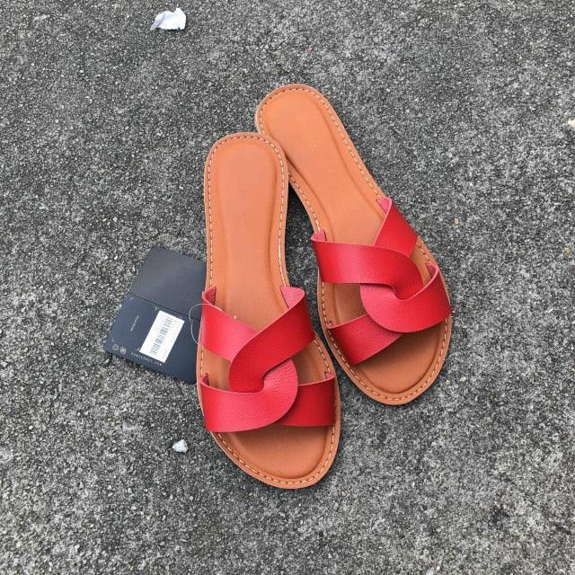 Minimalist Women's Leather Two-Strap Slide Sandals for Summer