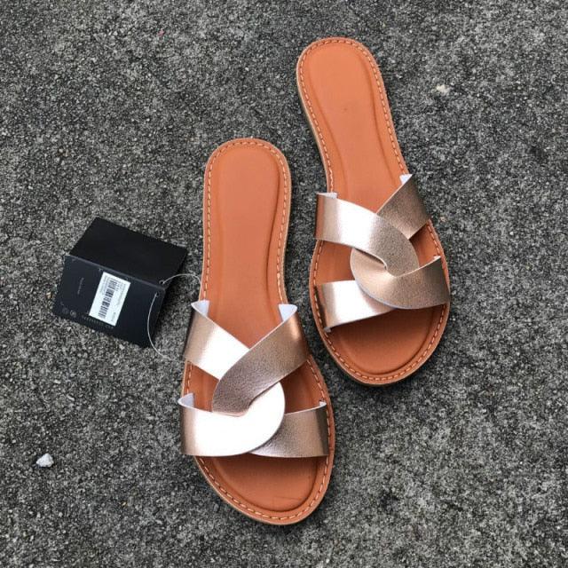 Minimalist Women's Leather Two-Strap Slide Sandals for Summer
