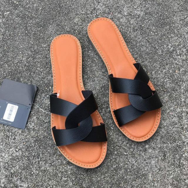 Minimalist Women's Leather Two-Strap Slide Sandals for Summer