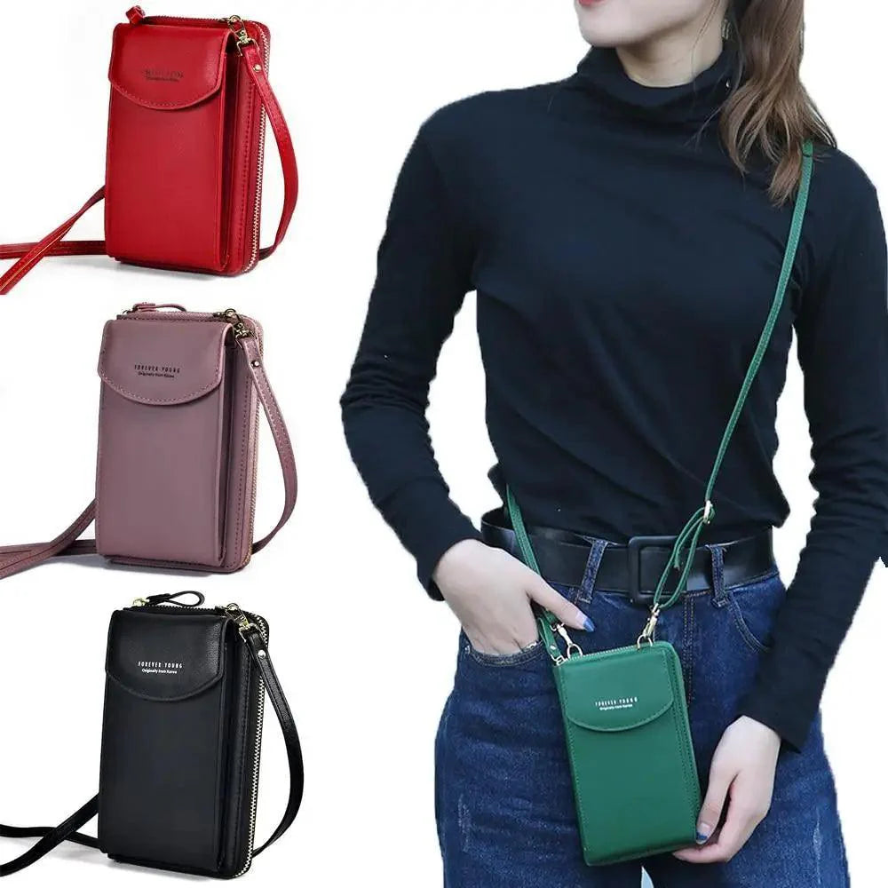 Compact PU leather crossbody bag and phone wallet in solid color