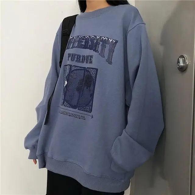 Vintage Embroidered Letter Oversized Sweatshirt - Crew Neck Pullover
