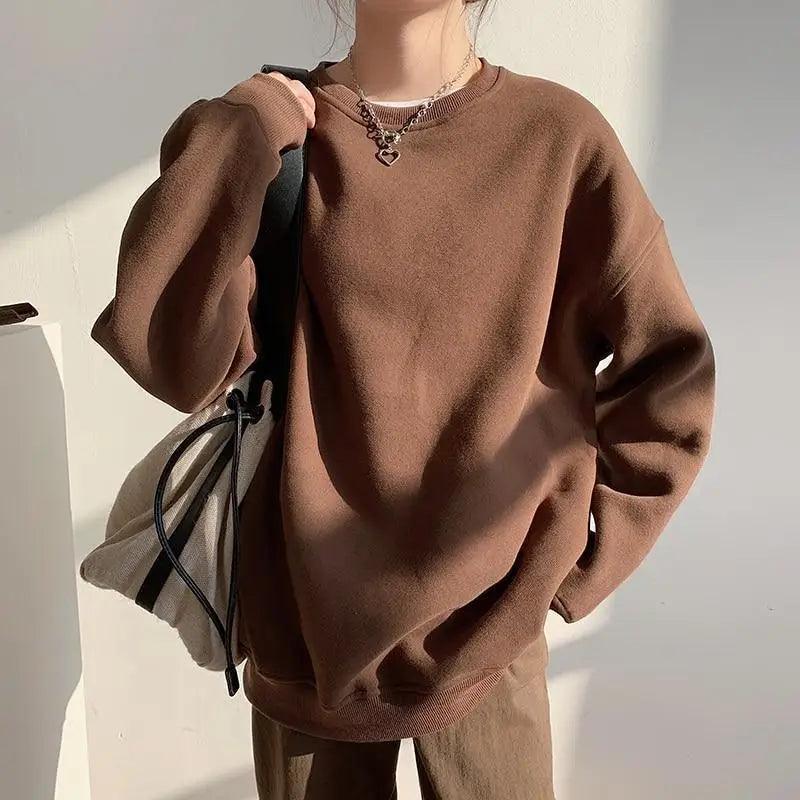 Vintage thick fleece grey and brown women's o-neck pullover sweatshirt