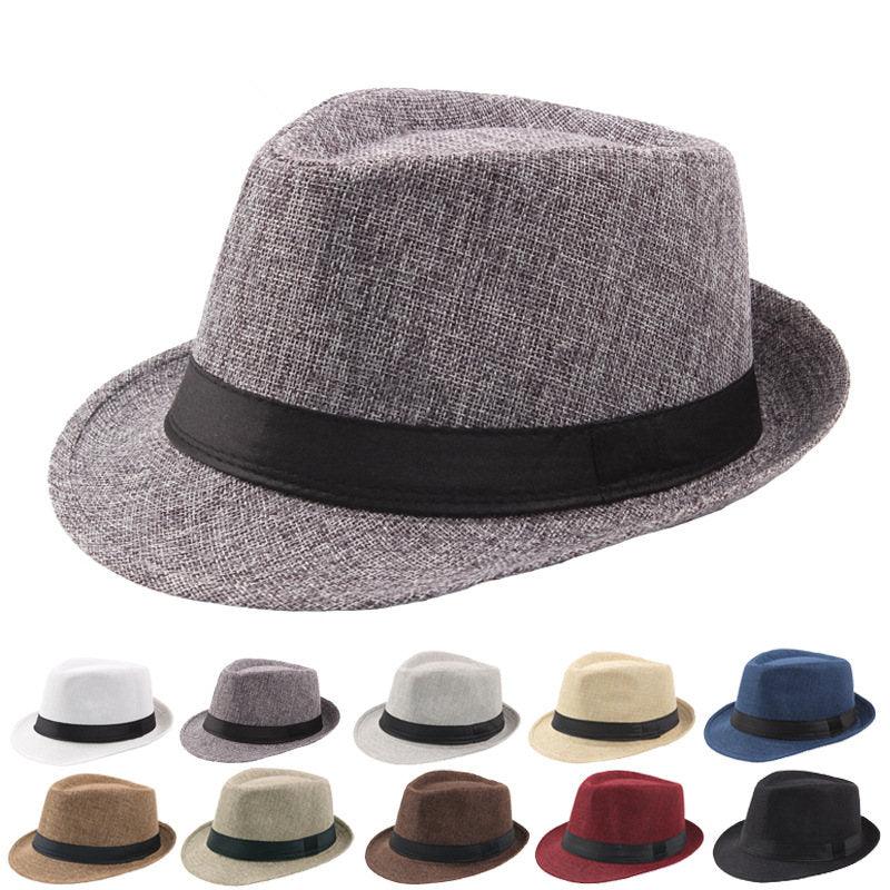 A classic retro-style men's fedora with a short brim and simple belt detail, ideal for summer sun protection.