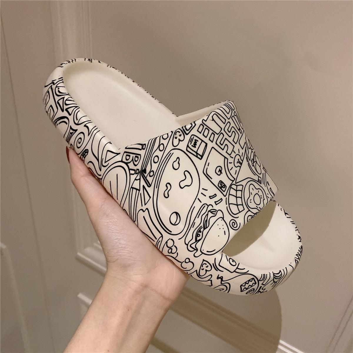 Ultra-soft thick-soled EVA platform slides in a non-slip, quick-dry design suitable for indoor or outdoor use.