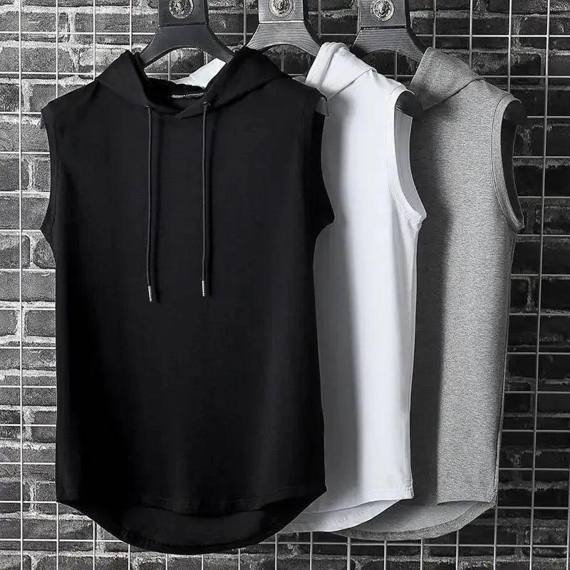 Men wearing a black sleeveless muscle hoodie tank top for gym workout