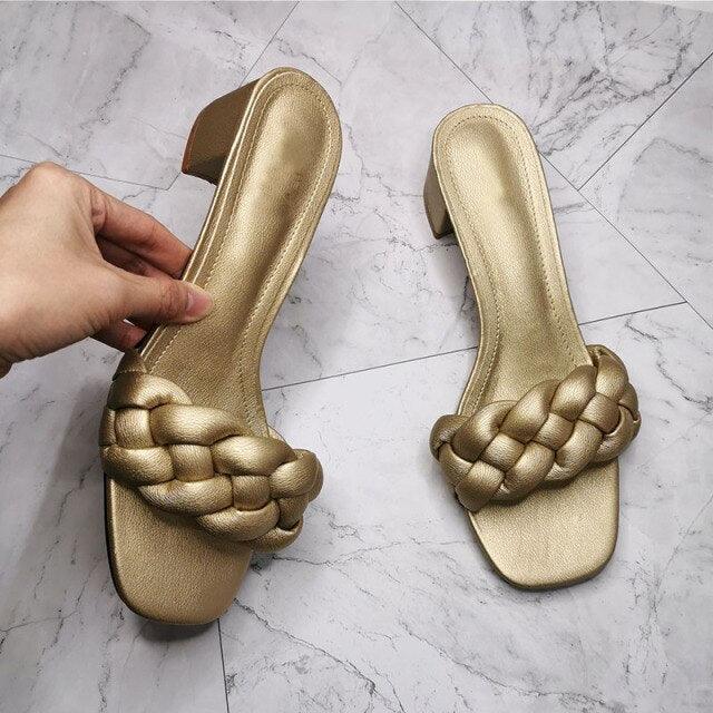Woven Square Toe Women's Slides - Elegant Flat Summer Sandals