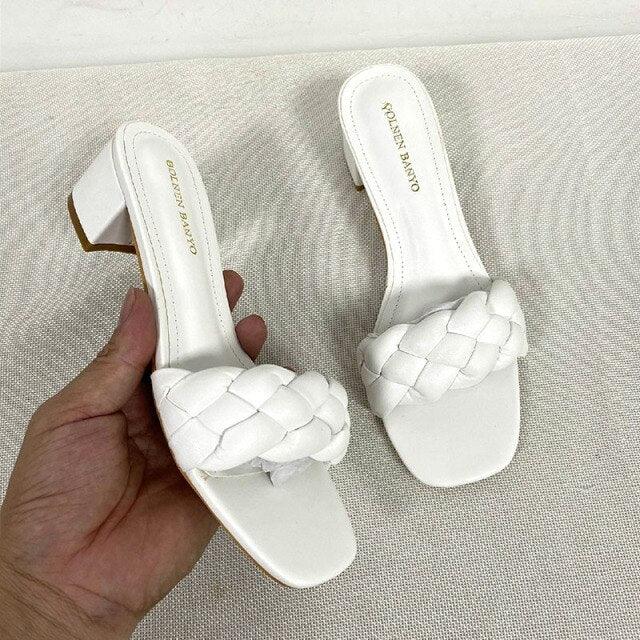 Woven Square Toe Women's Slides - Elegant Flat Summer Sandals
