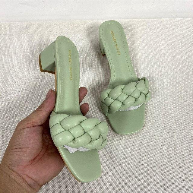 Woven Square Toe Women's Slides - Elegant Flat Summer Sandals