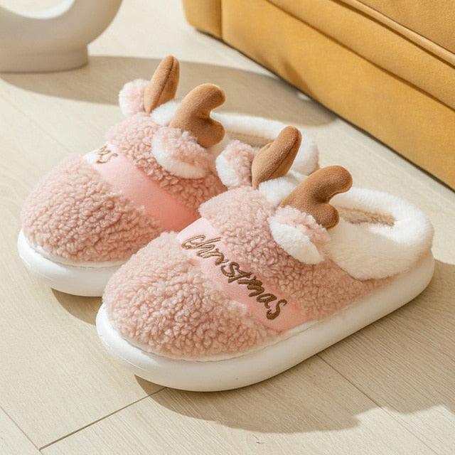 Plush Christmas Deer Slippers – Warm Winter Indoor Platform House Shoes