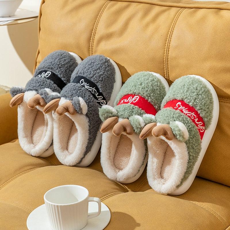 Plush Christmas Deer Slippers – Warm Winter Indoor Platform House Shoes