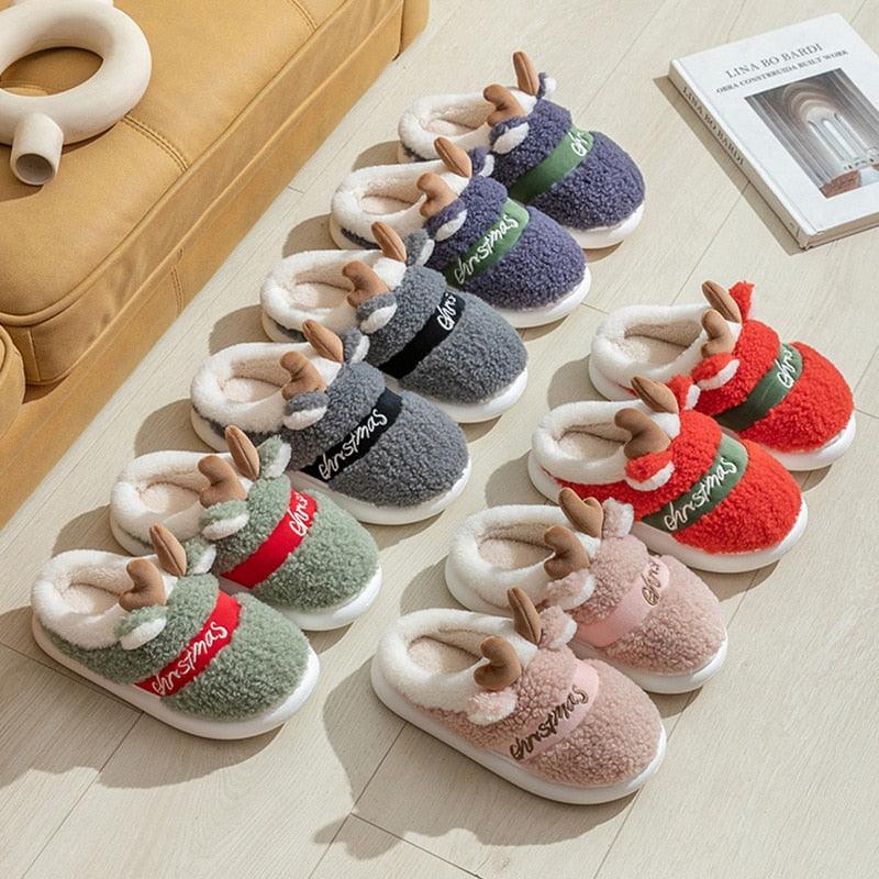 Plush Christmas Deer Slippers – Warm Winter Indoor Platform House Shoes