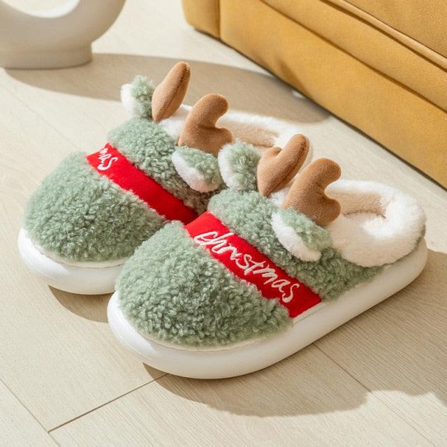 Plush Christmas Deer Slippers – Warm Winter Indoor Platform House Shoes