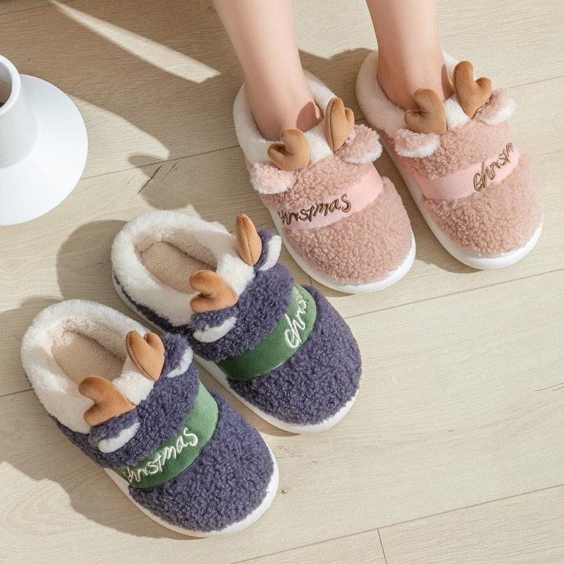 Plush Christmas Deer Slippers – Warm Winter Indoor Platform House Shoes