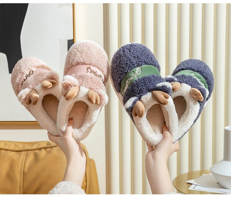 Plush Christmas Deer Slippers – Warm Winter Indoor Platform House Shoes