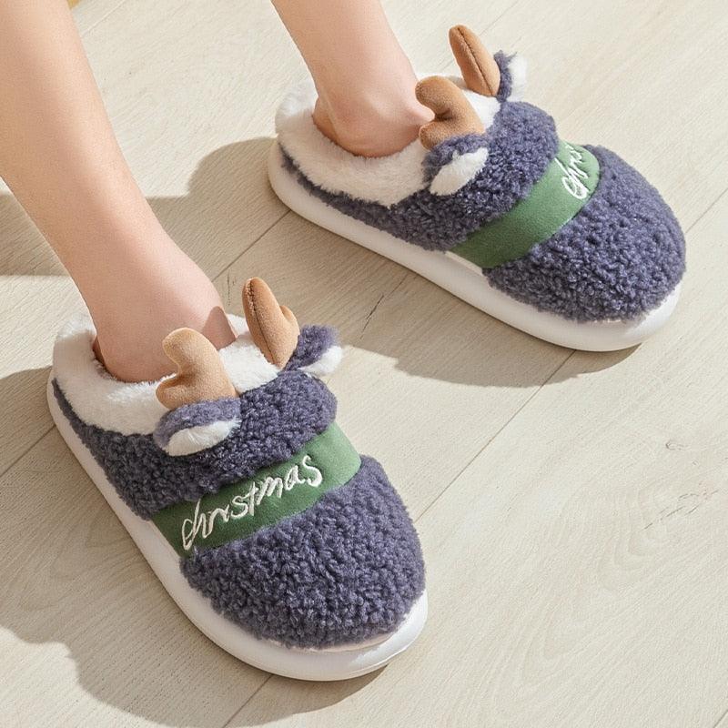 Plush Christmas Deer Slippers – Warm Winter Indoor Platform House Shoes
