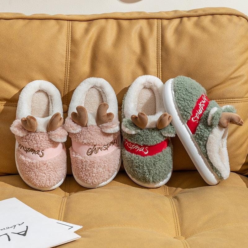 Plush Christmas Deer Slippers – Warm Winter Indoor Platform House Shoes