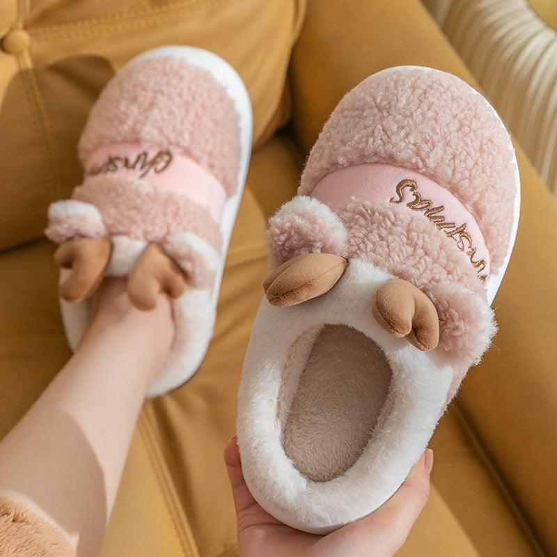 Plush Christmas Deer Slippers – Warm Winter Indoor Platform House Shoes