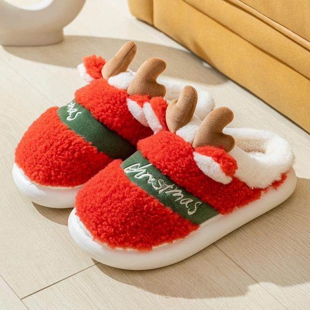 Plush Christmas Deer Slippers – Warm Winter Indoor Platform House Shoes