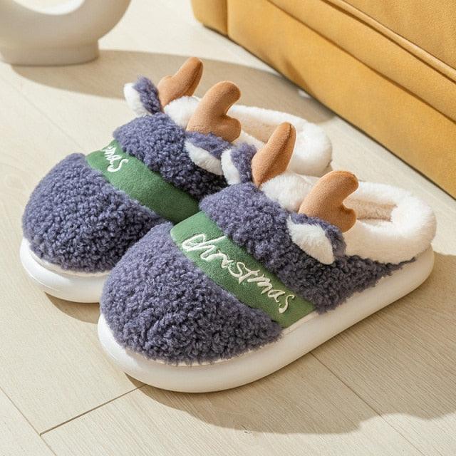 Plush Christmas Deer Slippers – Warm Winter Indoor Platform House Shoes