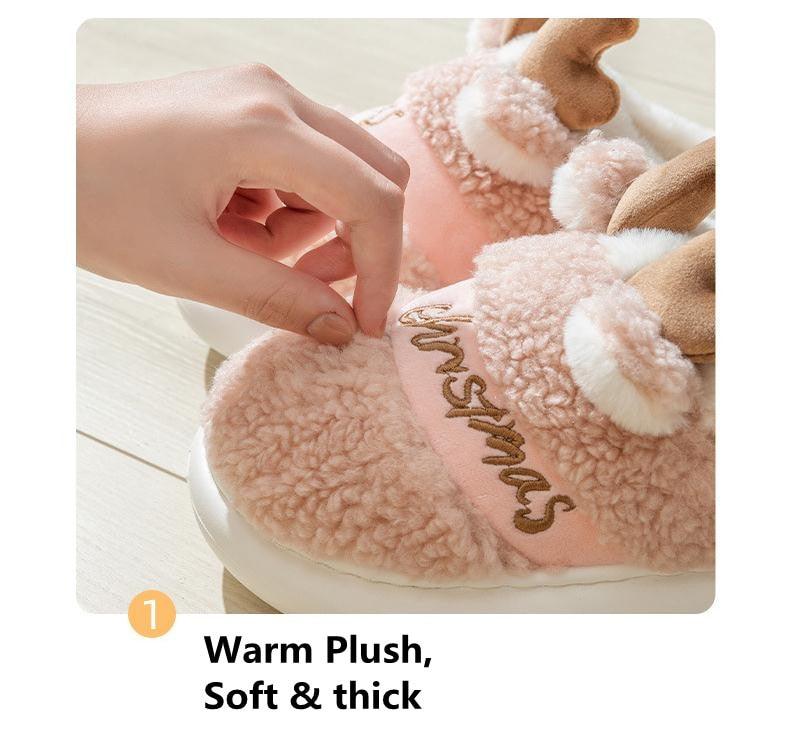 Plush Christmas Deer Slippers – Warm Winter Indoor Platform House Shoes