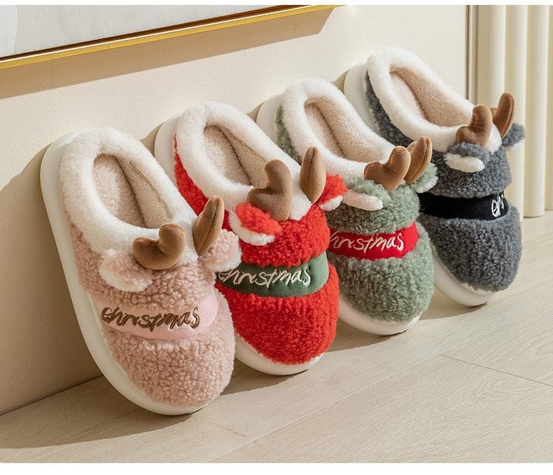 Plush Christmas Deer Slippers – Warm Winter Indoor Platform House Shoes