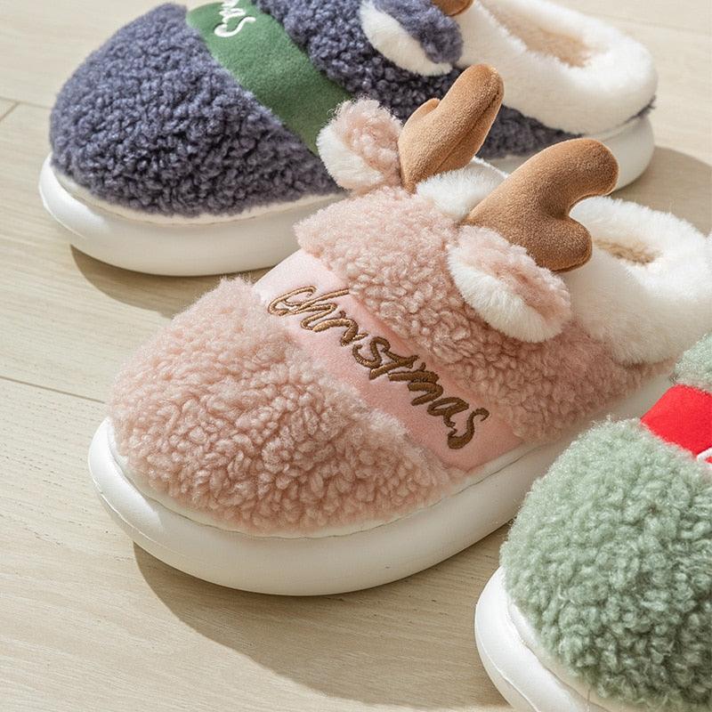 Plush Christmas Deer Slippers – Warm Winter Indoor Platform House Shoes