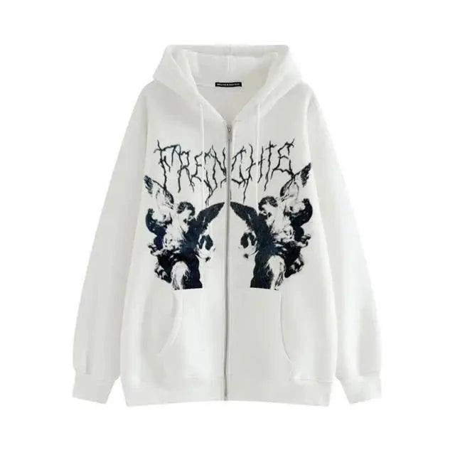 Unisex Vintage Angel Print Streetwear Zip-Up Hoodie Jacket