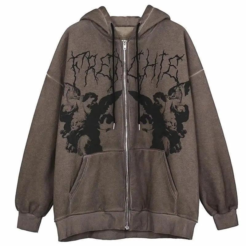 Unisex streetwear zip-up hoodie with vintage angel print graphic