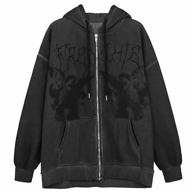 Unisex Vintage Angel Print Streetwear Zip-Up Hoodie Jacket