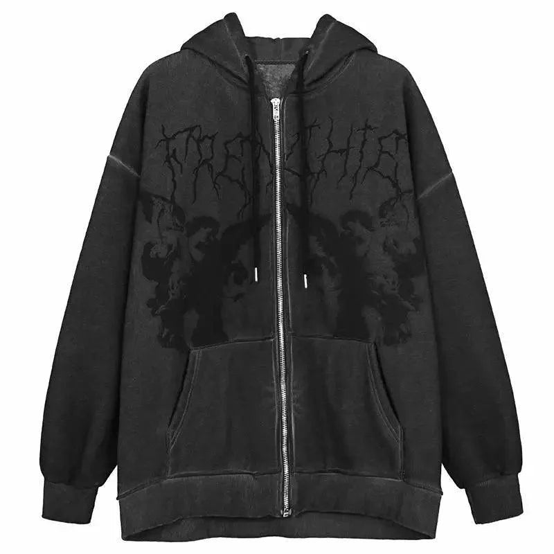 Unisex Vintage Angel Print Streetwear Zip-Up Hoodie Jacket