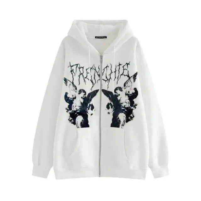 Unisex Vintage Angel Print Streetwear Zip-Up Hoodie Jacket