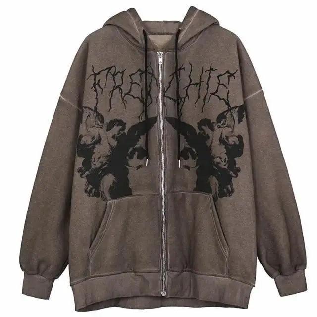Unisex Vintage Angel Print Streetwear Zip-Up Hoodie Jacket
