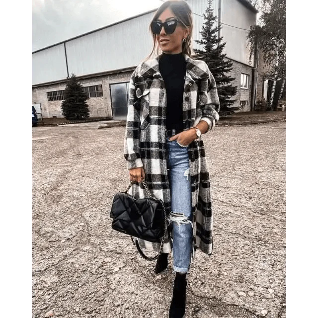 Women's Red Plaid Lapel Jacket Single Breasted Cardigan Coat