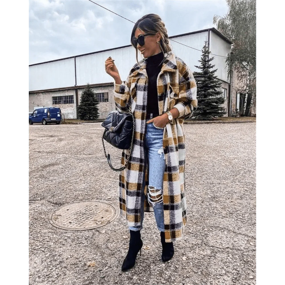 Women's Red Plaid Lapel Jacket Single Breasted Cardigan Coat