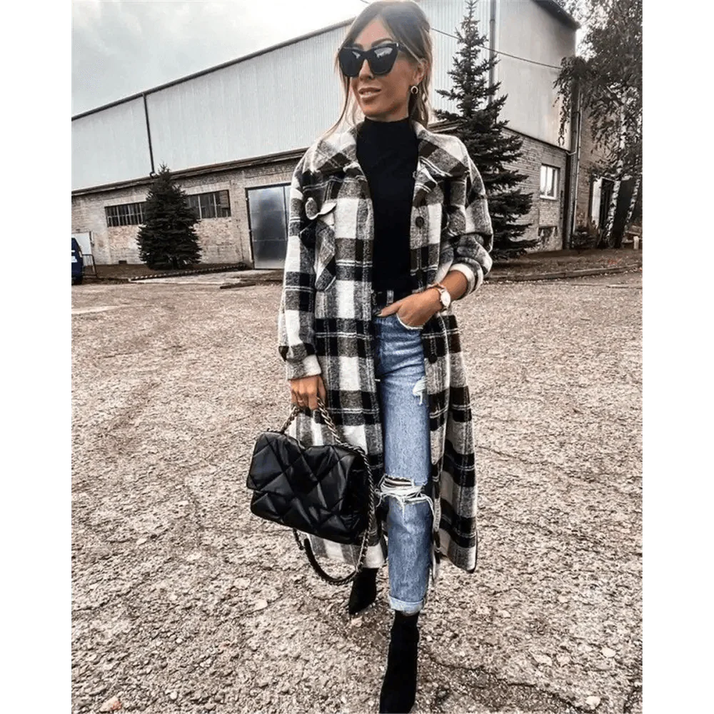 Women's Red Plaid Lapel Jacket Single Breasted Cardigan Coat
