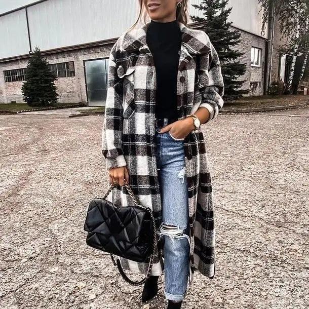 Women's Red Plaid Lapel Jacket Single Breasted Cardigan Coat