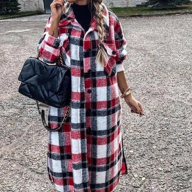 Women's Red Plaid Lapel Jacket Single Breasted Cardigan Coat