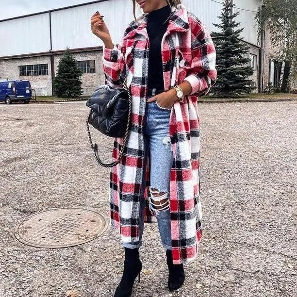 Women's Red Plaid Lapel Jacket Single Breasted Cardigan Coat